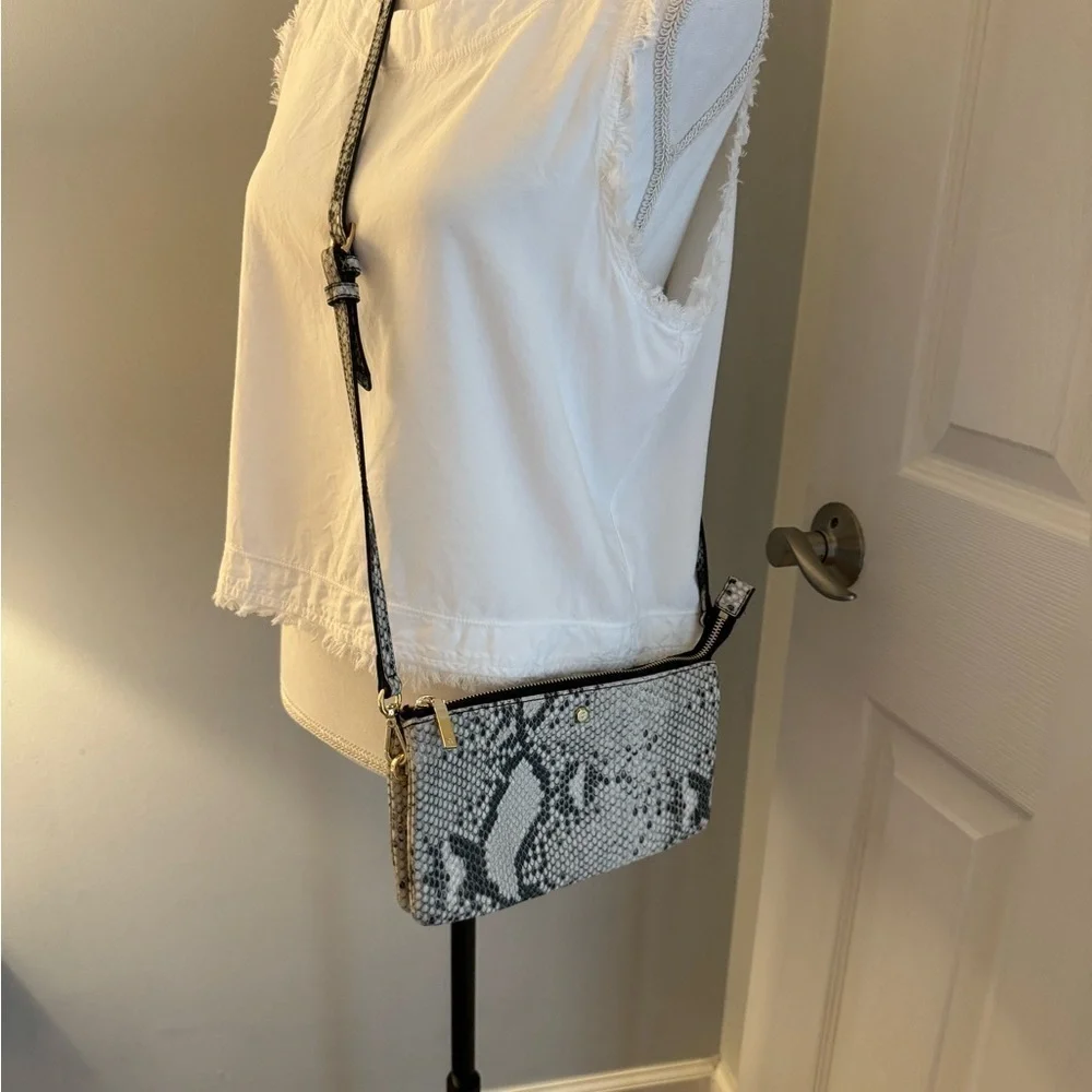 GILI leather snake print crossbody bag or clutch. Gray/white gold trim zip top